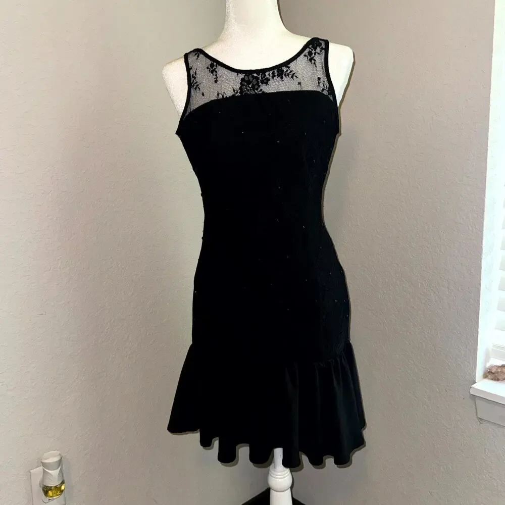 Pearl By Georgina Chapman of Marchesa Cocktail Dress Women's 4 Black Mesh Peplum